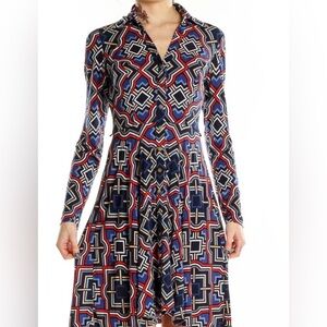 Cache Multi-Color Geometric Print Long Sleeve Shirt Dress Belted Size 14